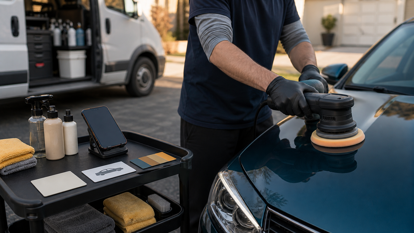 A mobile detailer polishing a vehicle while a business phone waits safely on a work cart