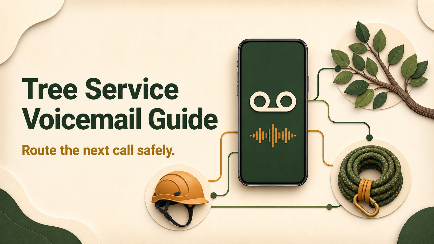 Tree Service Voicemail Guide with a phone routed to a branch, arborist helmet, and climbing rope